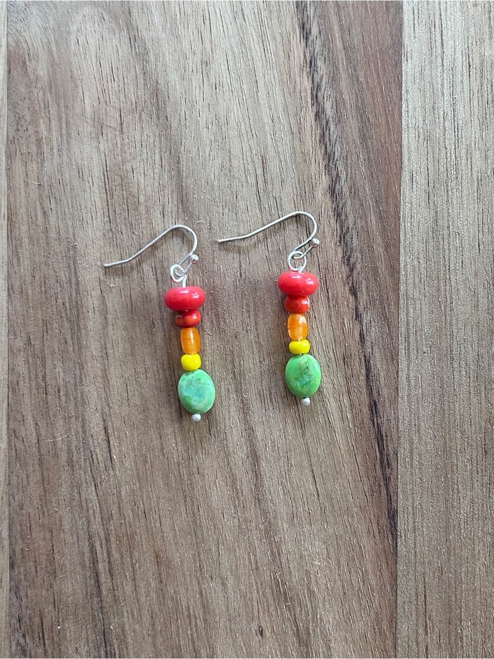 Handcrafted Multicolor Bead Dangle Earrings - Red, Orange, Yellow, Green